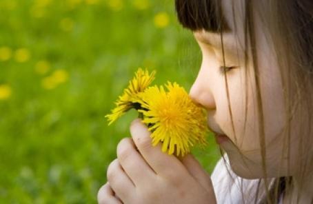Girl smelling dandelions